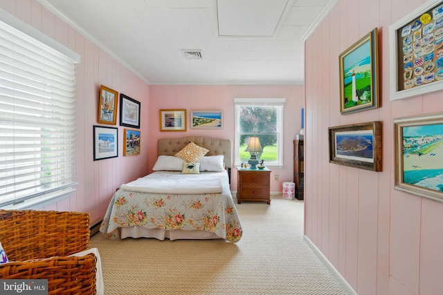 300 Hickory Ln, Chestertown, MD 21620 - bedroom featuring crown molding, carpet, and wooden walls