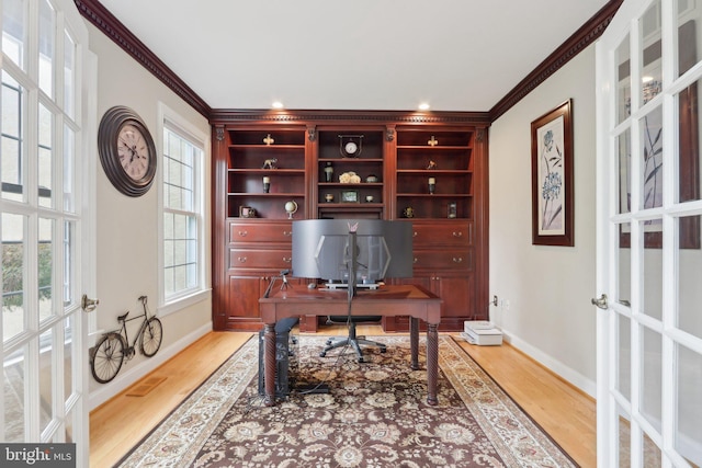 13 Lenape Ct, Mount Laurel, NJ 08054 - office area featuring ornamental molding, light wood finished floors, baseboards, french doors, and recessed lighting