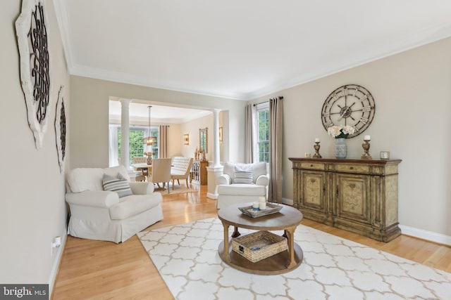 13 Lenape Ct, Mount Laurel, NJ 08054 - living area featuring decorative columns, healthy amount of natural light, crown molding, and light wood-type flooring