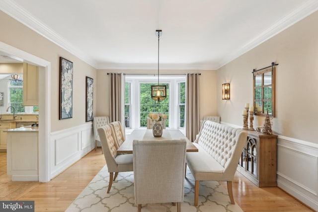 13 Lenape Ct, Mount Laurel, NJ 08054 - dining space with plenty of natural light, light wood finished floors, crown molding, a wainscoted wall, and a decorative wall