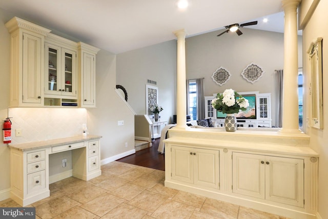 13 Lenape Ct, Mount Laurel, NJ 08054 - kitchen featuring cream cabinetry, decorative columns, a ceiling fan, backsplash, and lofted ceiling