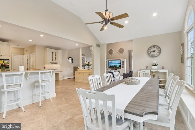 13 Lenape Ct, Mount Laurel, NJ 08054 - dining space with ceiling fan, recessed lighting, high vaulted ceiling, and baseboards