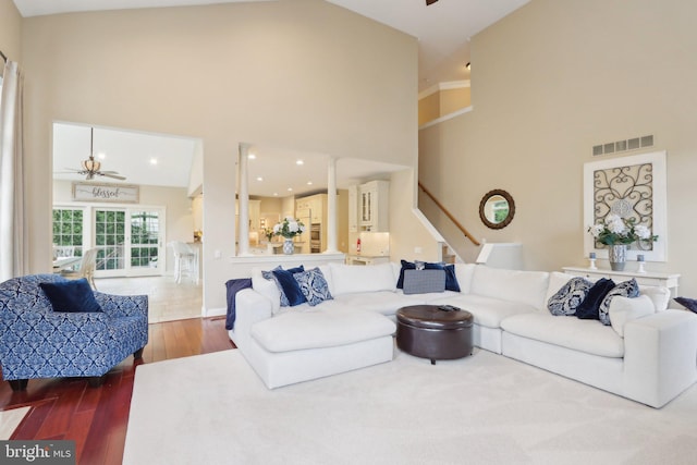 13 Lenape Ct, Mount Laurel, NJ 08054 - living area featuring a ceiling fan, a high ceiling, stairs, wood finished floors, and recessed lighting
