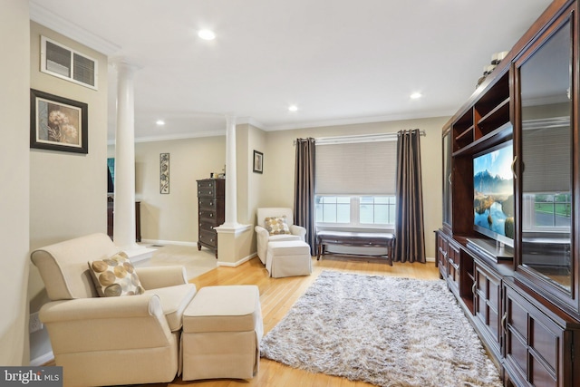 13 Lenape Ct, Mount Laurel, NJ 08054 - living room with decorative columns, recessed lighting, ornamental molding, light wood-style flooring, and baseboards
