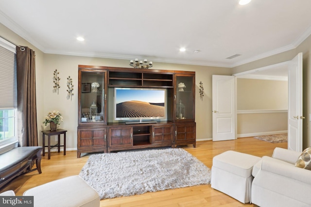 13 Lenape Ct, Mount Laurel, NJ 08054 - living area featuring wood finished floors, ornamental molding, recessed lighting, and baseboards