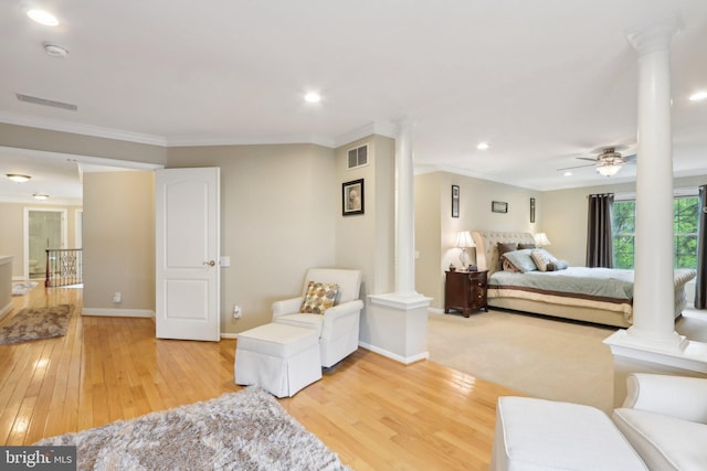13 Lenape Ct, Mount Laurel, NJ 08054 - bedroom with decorative columns, light wood-type flooring, crown molding, baseboards, and recessed lighting