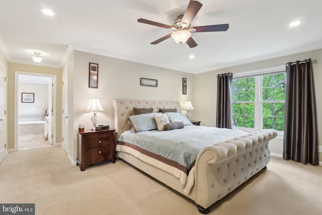 13 Lenape Ct, Mount Laurel, NJ 08054 - bedroom featuring light carpet, recessed lighting, ornamental molding, baseboards, and ceiling fan