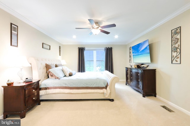 13 Lenape Ct, Mount Laurel, NJ 08054 - bedroom featuring ornamental molding, light carpet, baseboards, and ceiling fan
