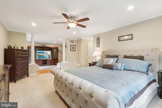 13 Lenape Ct, Mount Laurel, NJ 08054 - bedroom featuring ornate columns, crown molding, recessed lighting, and ceiling fan