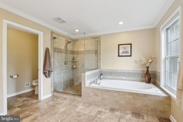13 Lenape Ct, Mount Laurel, NJ 08054 - bathroom with toilet, a stall shower, a garden tub, healthy amount of natural light, and ornamental molding