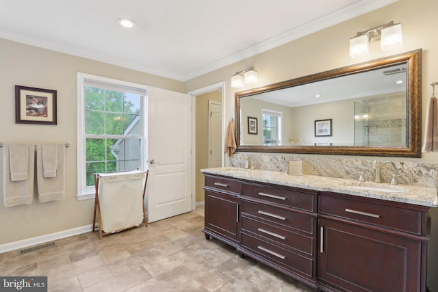 13 Lenape Ct, Mount Laurel, NJ 08054 - full bath featuring ornamental molding, baseboards, double vanity, and a shower