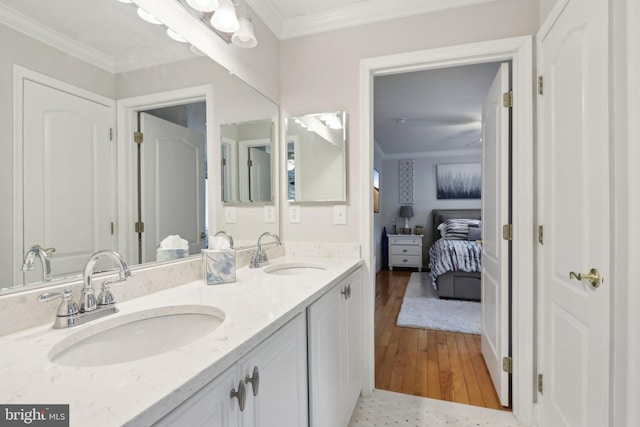 13 Lenape Ct, Mount Laurel, NJ 08054 - full bathroom featuring crown molding, double vanity, wood finished floors, and ensuite bathroom