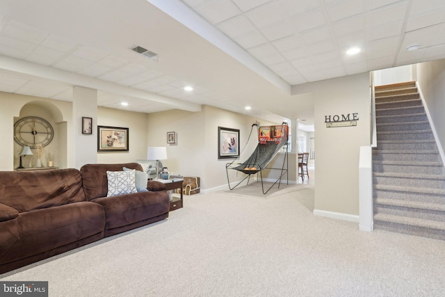 13 Lenape Ct, Mount Laurel, NJ 08054 - living area with carpet, baseboards, stairway, and recessed lighting