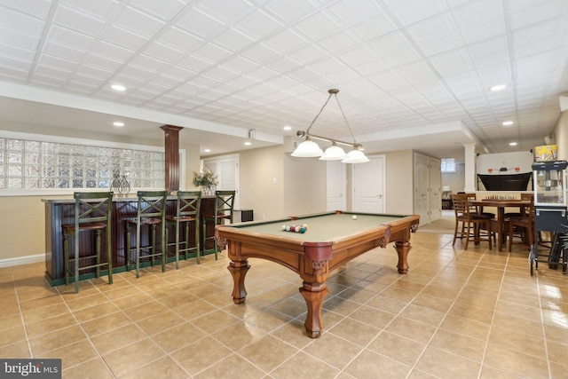 13 Lenape Ct, Mount Laurel, NJ 08054 - recreation room featuring a bar, billiards table, recessed lighting, light tile patterned floors, and decorative columns