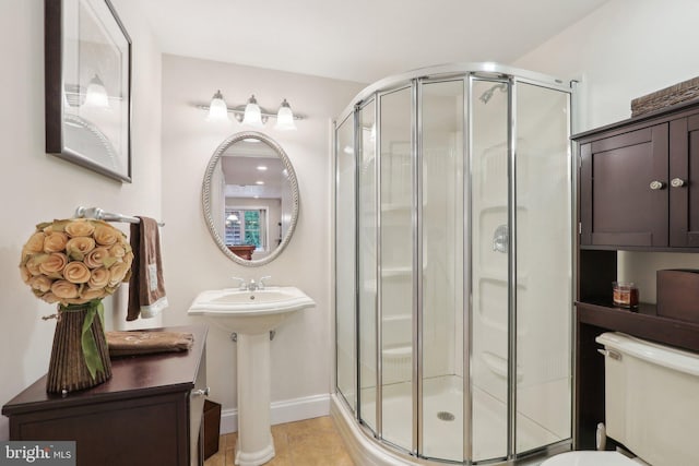 13 Lenape Ct, Mount Laurel, NJ 08054 - bathroom featuring a stall shower, toilet, tile patterned floors, and baseboards