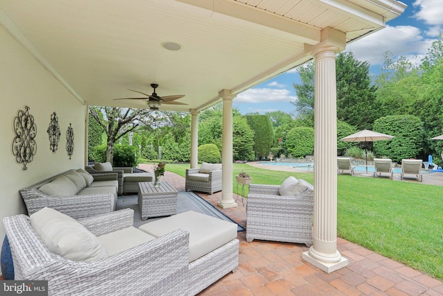 13 Lenape Ct, Mount Laurel, NJ 08054 - view of patio / terrace featuring an outdoor living space, an outdoor pool, a ceiling fan, and view of scattered trees
