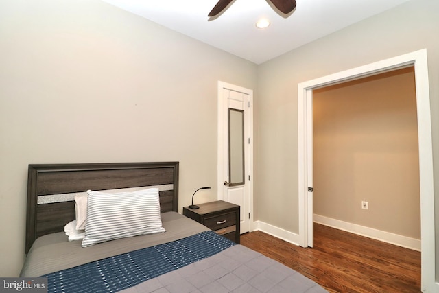 bedroom featuring baseboards, dark wood finished floors, ceiling fan, and recessed lighting