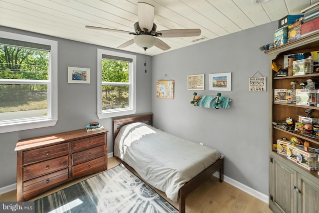 bedroom featuring multiple windows, wood finished floors, wooden ceiling, baseboards, and a ceiling fan