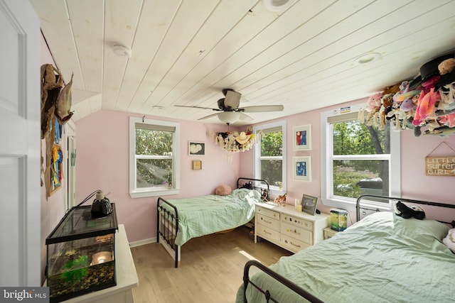bedroom with wood ceiling, light wood-type flooring, and a ceiling fan