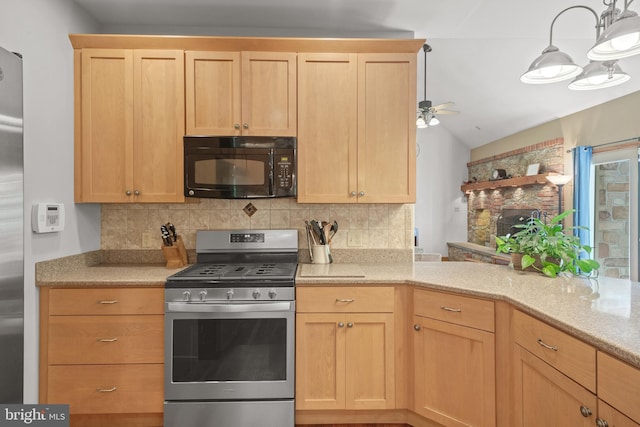 12451 High Point Rd, Felton, PA 17322 - kitchen with black microwave, stainless steel gas stove, light brown cabinetry, tasteful backsplash, and a ceiling fan