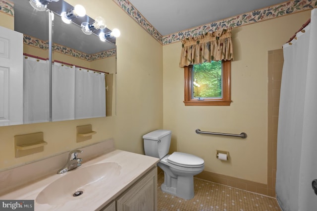 full bath with tile patterned floors, toilet, vanity, and a shower with curtain