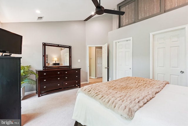 623 Main St Unit 623-B, Gaithersburg, MD 20878 - bedroom with high vaulted ceiling, baseboards, light carpet, and ceiling fan