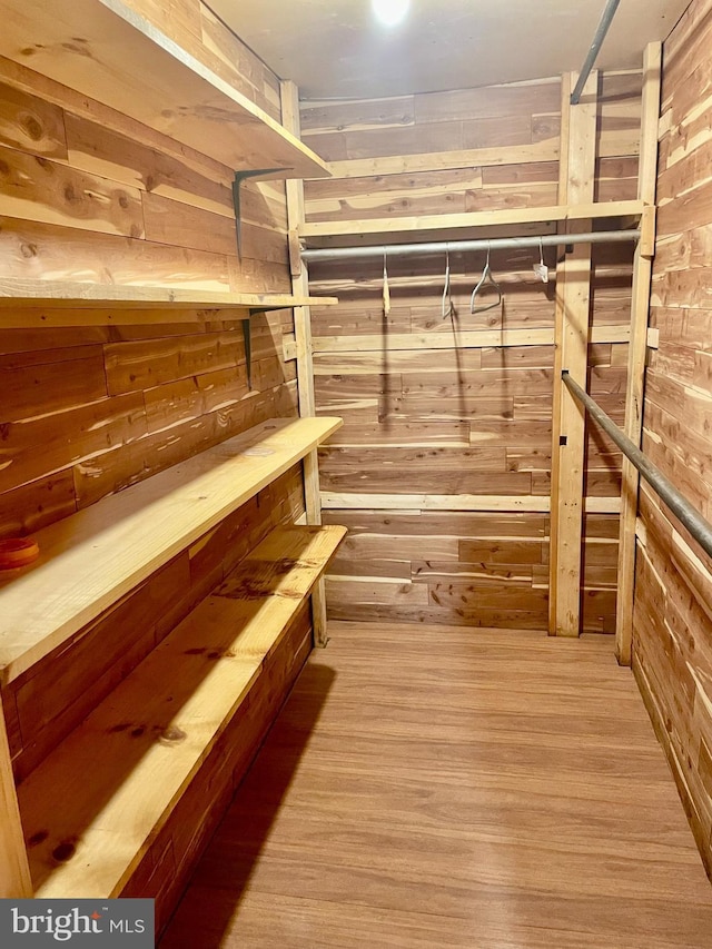 walk in closet with wood finished floors