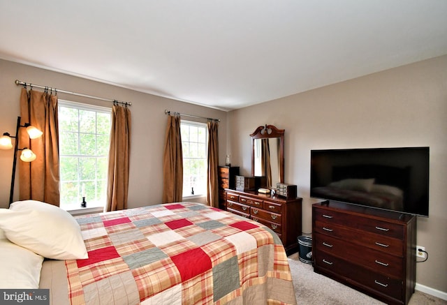 bedroom featuring multiple windows and light carpet
