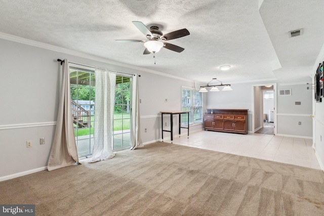 16110 Amethyst Ln, Bowie, MD 20716 - unfurnished living room with light carpet, baseboards, a ceiling fan, ornamental molding, and light tile patterned floors