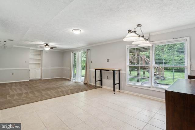 16110 Amethyst Ln, Bowie, MD 20716 - unfurnished living room featuring a textured ceiling, ceiling fan, light carpet, light tile patterned flooring, and baseboards