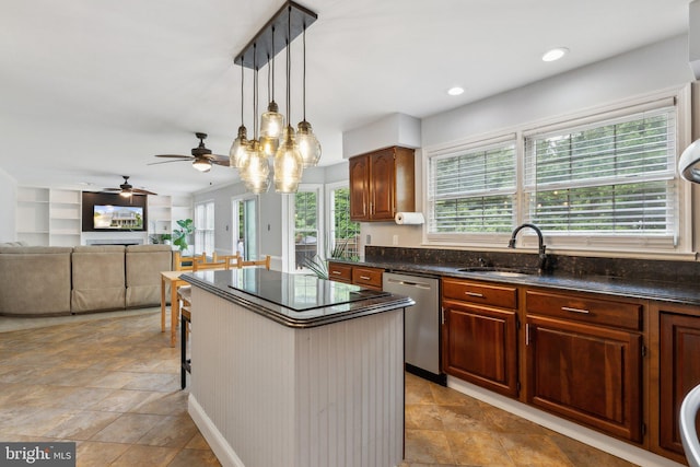 16110 Amethyst Ln, Bowie, MD 20716 - kitchen featuring dishwasher, a sink, a center island, ceiling fan, and pendant lighting