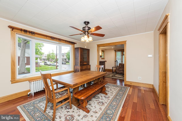 116 N Brobst St, Shillington, PA 19607 - dining space with wood finished floors, baseboards, radiator, ceiling fan, and ornamental molding