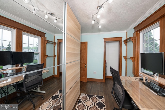 116 N Brobst St, Shillington, PA 19607 - office area with rail lighting, dark wood finished floors, baseboards, and crown molding