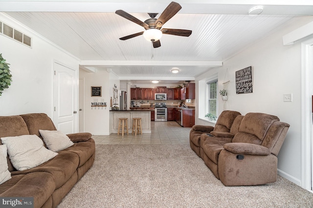1070 George Brown Rd, Millerstown, PA 17062 - living room with ceiling fan, light colored carpet, light tile patterned flooring, baseboards, and wooden ceiling