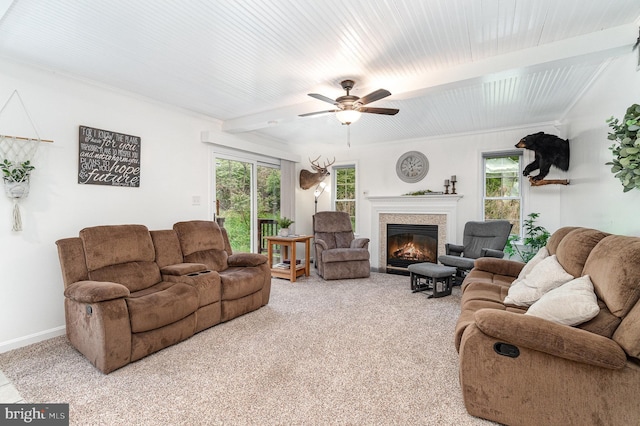 1070 George Brown Rd, Millerstown, PA 17062 - living area featuring carpet, a glass covered fireplace, a ceiling fan, and baseboards