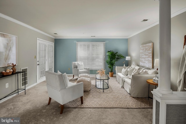 2021 Rudy Serra Dr Unit 1D, Eldersburg, MD 21784 - carpeted living room with ornate columns, crown molding, and baseboards