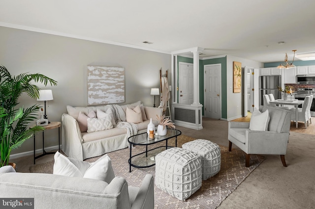 2021 Rudy Serra Dr Unit 1D, Eldersburg, MD 21784 - carpeted living room with decorative columns, baseboards, and ornamental molding