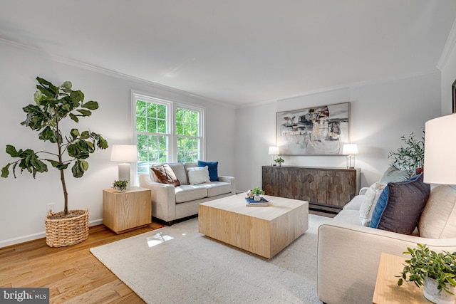 living area featuring crown molding, light wood finished floors, and baseboards