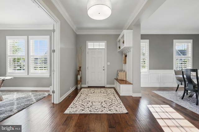 foyer featuring dark wood-style floors, plenty of natural light, crown molding, and baseboards