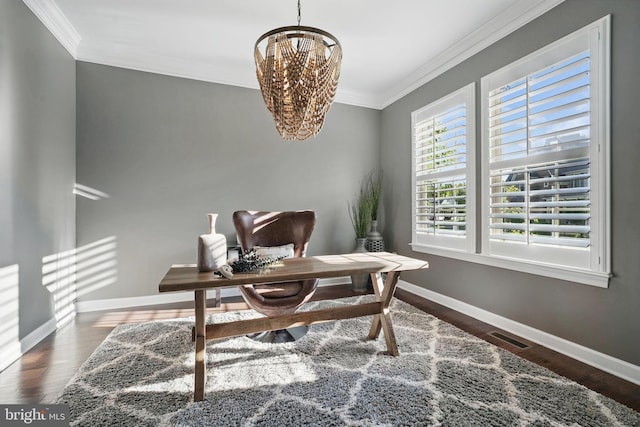 home office featuring ornamental molding, a chandelier, baseboards, and wood finished floors