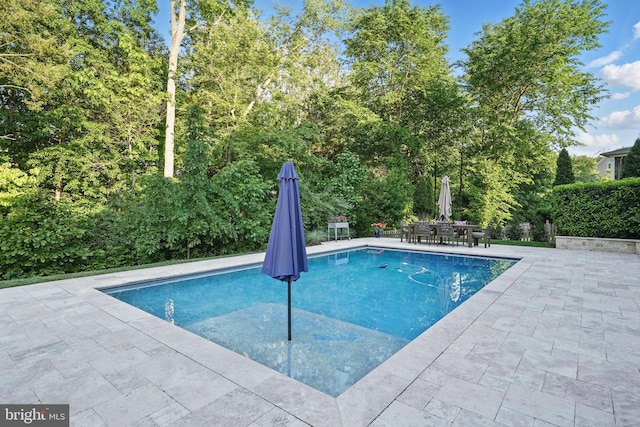 swimming pool with a patio and outdoor dining area