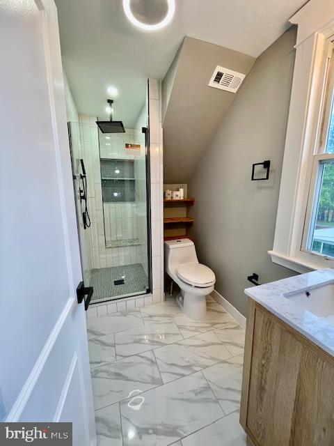 25 Elmont Ave, Baltimore, MD 21206 - bathroom with a stall shower, toilet, marble finish floors, baseboards, and vanity