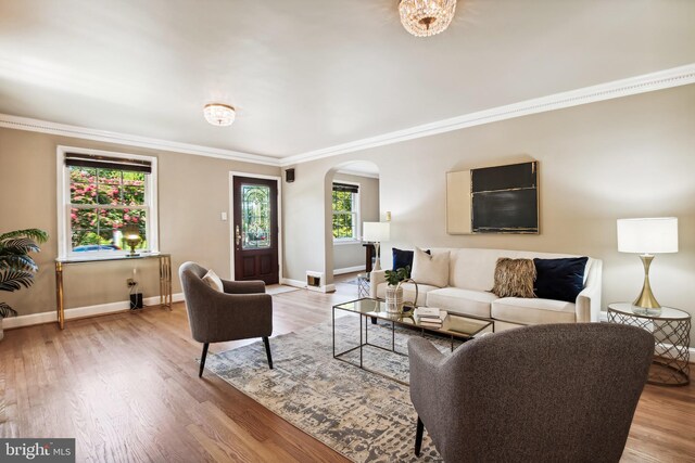 3122 1st St N, Arlington, VA 22201 - living area featuring arched walkways, ornamental molding, baseboards, and light wood-type flooring