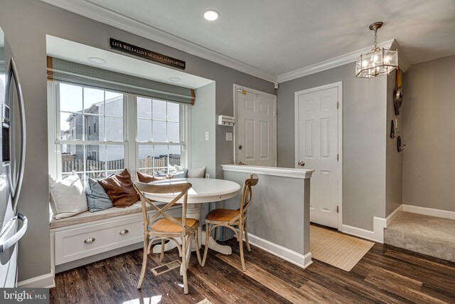 15656 Cliff Swallow Way, Rockville, MD 20853 - dining room featuring crown molding, breakfast area, dark wood-style floors, a chandelier, and recessed lighting