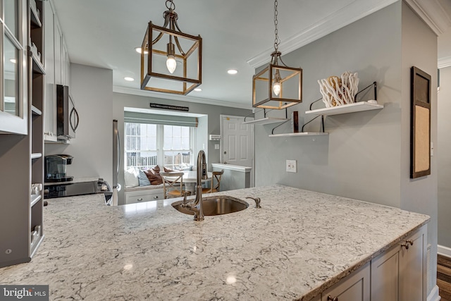15656 Cliff Swallow Way, Rockville, MD 20853 - kitchen featuring open shelves, ornamental molding, stainless steel microwave, light stone countertops, and recessed lighting