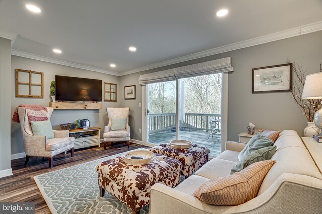 15656 Cliff Swallow Way, Rockville, MD 20853 - living room featuring ornamental molding, wood finished floors, and recessed lighting
