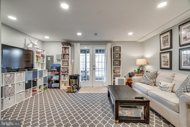 15656 Cliff Swallow Way, Rockville, MD 20853 - living area with french doors, recessed lighting, and carpet