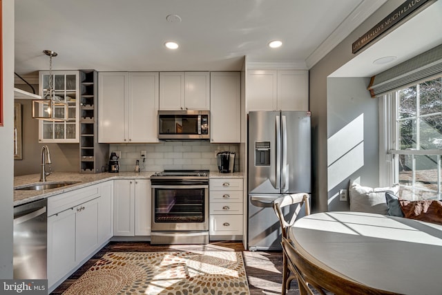 15656 Cliff Swallow Way, Rockville, MD 20853 - kitchen featuring stainless steel appliances, open shelves, light stone counters, backsplash, and recessed lighting