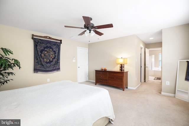 bedroom with baseboards, light colored carpet, ceiling fan, connected bathroom, and recessed lighting