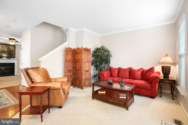 living area featuring ceiling fan, crown molding, a glass covered fireplace, baseboards, and wood finished floors